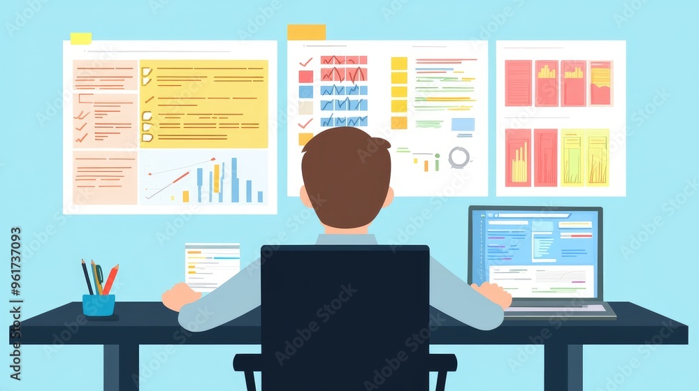 Project planning with agile methodology, flat design, front view, professional theme, cartoon drawing, Split-complementary color scheme Project planning with agile methodology, flat design, front view, professional theme, cartoon drawing, Split-complementary color scheme