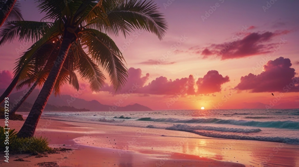 Sunset beach with pink sky and palm tree Sunset beach with pink sky and palm tree