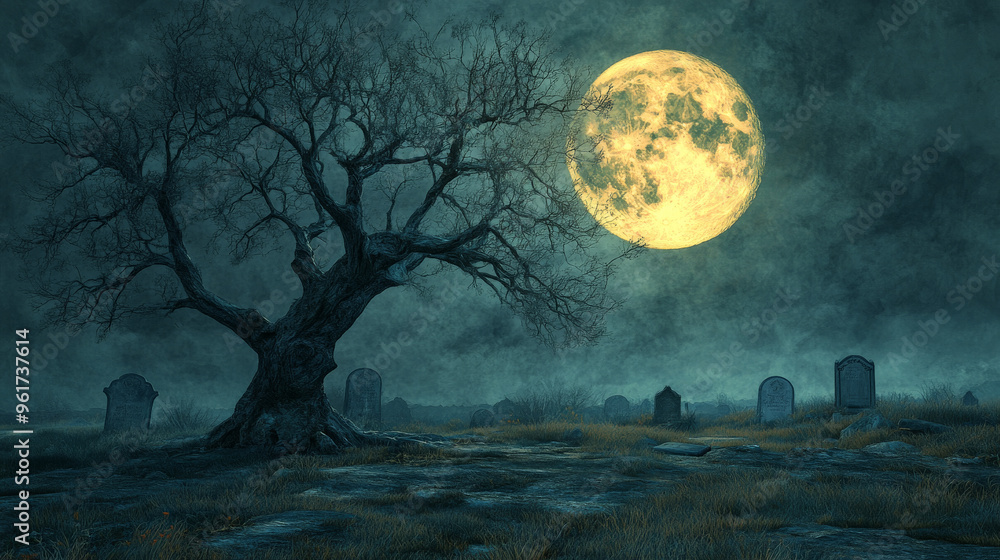 Eerie Halloween Graveyard with Full Moon and Shadows on Tree
Eerie Halloween Graveyard with Full Moon and Shadows on Tree