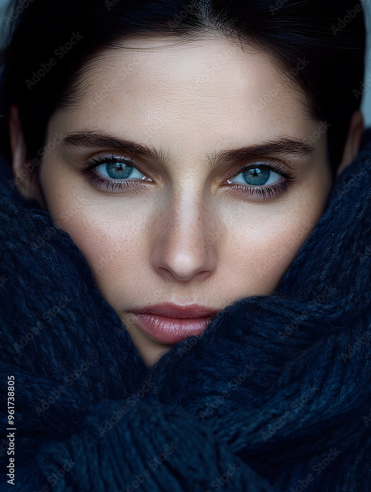 Closeup Portrait of Woman with Blue Eyes in a Navy Knitted Scarf Closeup Portrait of Woman with Blue Eyes in a Navy Knitted Scarf