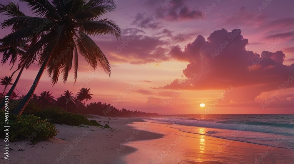 Sunset beach with pink sky and palm tree Sunset beach with pink sky and palm tree