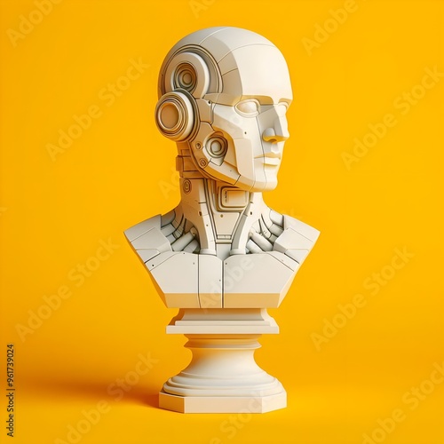 a white marble bust of robot on a yellow background, 3d 