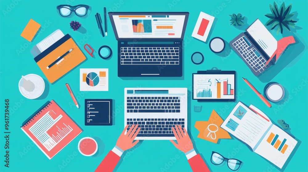 Smart project management tools for remote teams, flat design, top view, tech productivity theme, animation, Split-complementary color scheme Smart project management tools for remote teams, flat design, top view, tech productivity theme, animation, Split-complementary color scheme