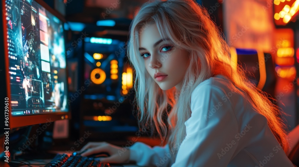 Young Woman in Gaming Environment Young Woman in Gaming Environment