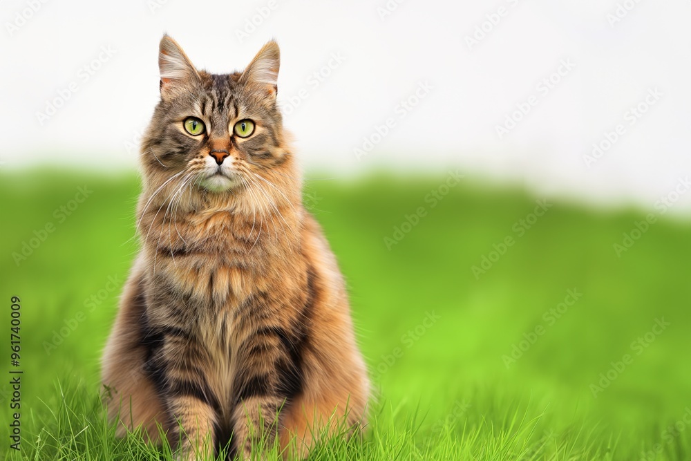 Long-haired tabby cat with green eyes sitting on fresh green grass, calm expression Long-haired tabby cat with green eyes sitting on fresh green grass, calm expression