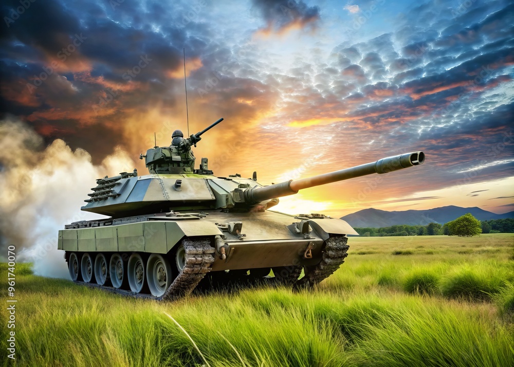 The battle tank rumbles across the sun-kissed plain, its advanced artillery system blazing with precision as its sleek The battle tank rumbles across the sun-kissed plain, its advanced artillery system blazing with precision as its sleek