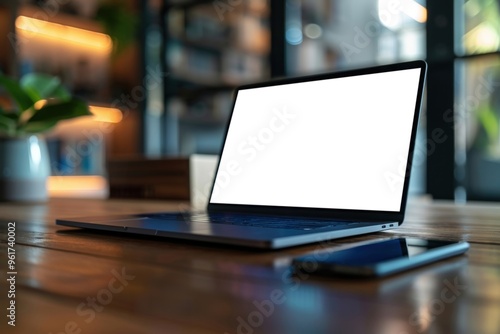 Wallpaper Mural A modern workspace featuring a sleek laptop and smartphone on a wooden table, perfect for remote work and technology shots. Torontodigital.ca