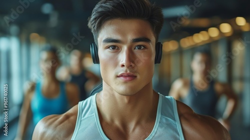 Focused young man working out in the gym