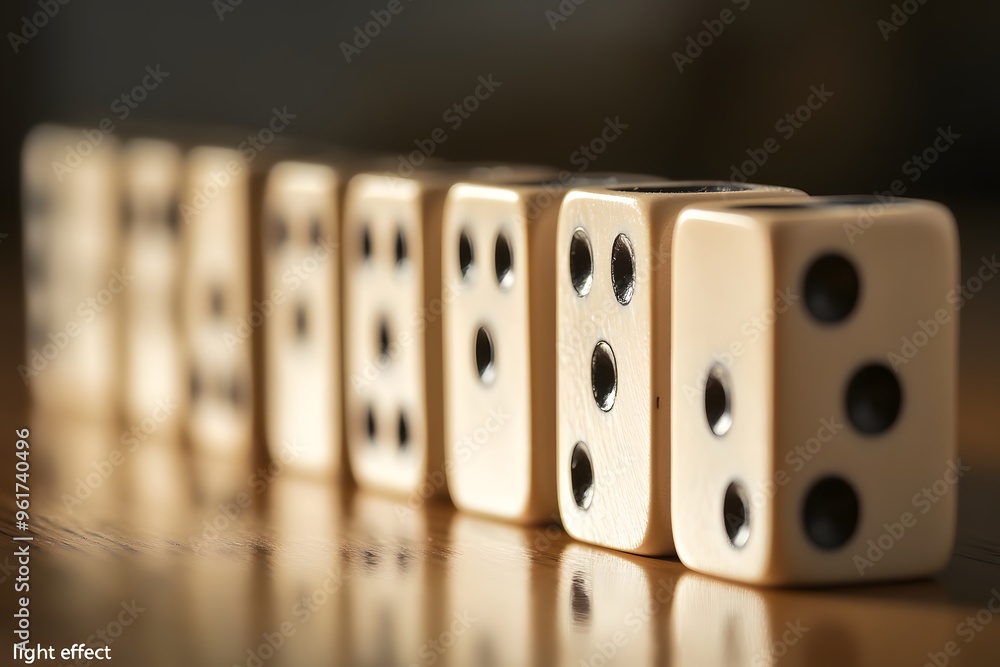 Row of White Dice with Black Dots on a Wooden Surface Row of White Dice with Black Dots on a Wooden Surface