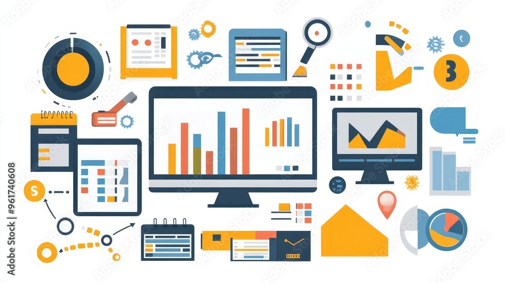Flat Design Infographic Illustrating Fintech Benefits for Small Business, Featuring Expense Tracking and Invoice Management Flat Design Infographic Illustrating Fintech Benefits for Small Business, Featuring Expense Tracking and Invoice Management