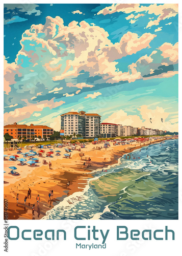 Ocean City Beach Maryland Poster Illustration Travel Print Decor Gift Paper Canvas Wall Retro Art #961740607