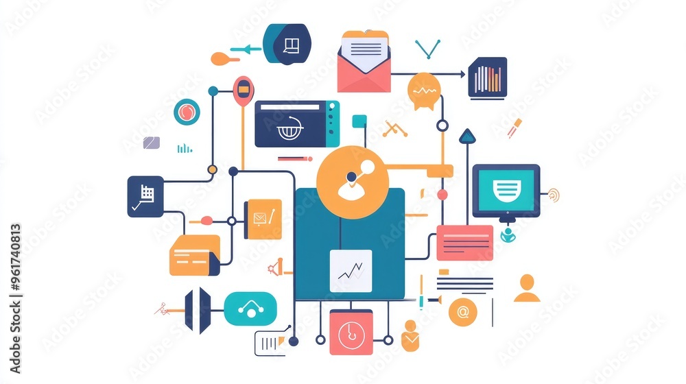 Smart tools optimizing workflow efficiency, flat design, side view, corporate theme, water color, Complementary Color Scheme Smart tools optimizing workflow efficiency, flat design, side view, corporate theme, water color, Complementary Color Scheme
