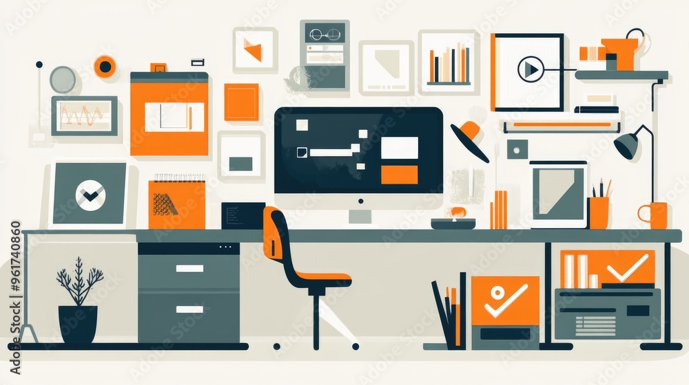Smart tools optimizing workflow efficiency, flat design, side view, corporate theme, water color, Complementary Color Scheme Smart tools optimizing workflow efficiency, flat design, side view, corporate theme, water color, Complementary Color Scheme