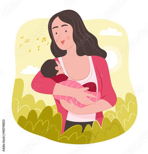 Mother Singing a Lullaby Song for Her Baby for Family Concept Illustration