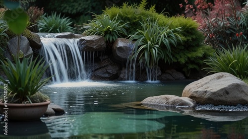 the small waterfall in the fishpond photo