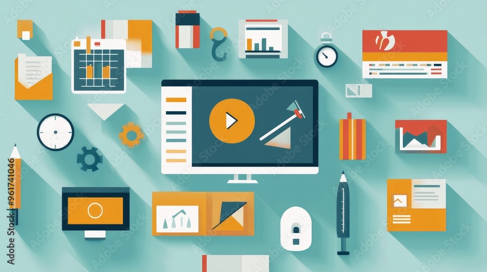 Smart tools optimizing workflow efficiency, flat design, side view, corporate theme, water color, Complementary Color Scheme Smart tools optimizing workflow efficiency, flat design, side view, corporate theme, water color, Complementary Color Scheme