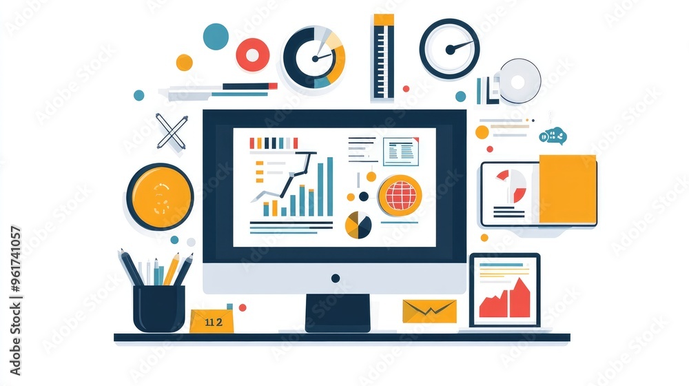 Smart tools optimizing workflow efficiency, flat design, side view, corporate theme, water color, Complementary Color Scheme Smart tools optimizing workflow efficiency, flat design, side view, corporate theme, water color, Complementary Color Scheme