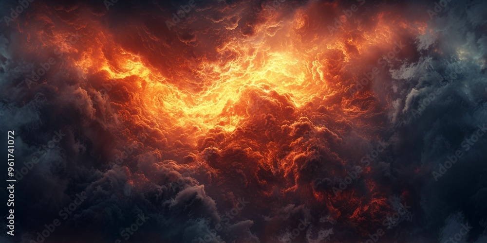 Vivid orange and red flames flickering through dark storm clouds at sunset over a dramatic horizon Vivid orange and red flames flickering through dark storm clouds at sunset over a dramatic horizon