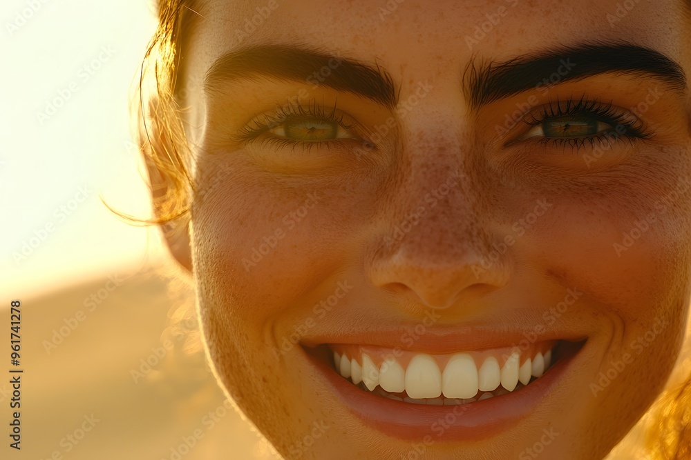 Woman Smiling Closeup Portrait with Freckles and Sunlit Skin Woman Smiling Closeup Portrait with Freckles and Sunlit Skin