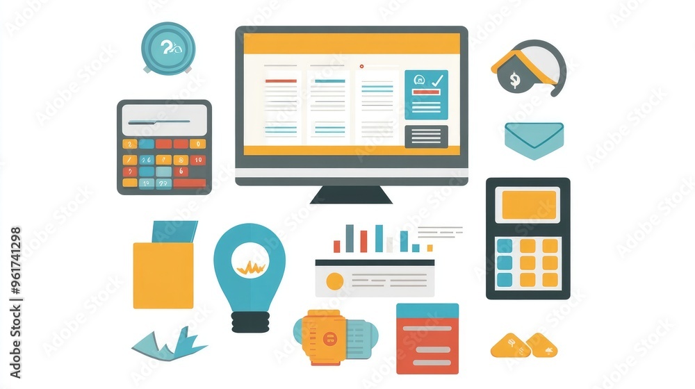 Flat Design Infographic Illustrating Fintech Benefits for Small Business, Featuring Expense Tracking and Invoice Management Flat Design Infographic Illustrating Fintech Benefits for Small Business, Featuring Expense Tracking and Invoice Management