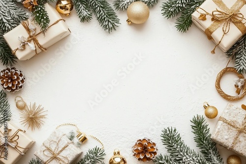 Christmas mood frame of gifts, green spruce, gold christmas decorations on white background. Copy space. New Year.