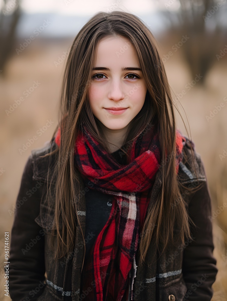Beautiful Young Woman Wearing Plaid Scarf and Jacket Beautiful Young Woman Wearing Plaid Scarf and Jacket