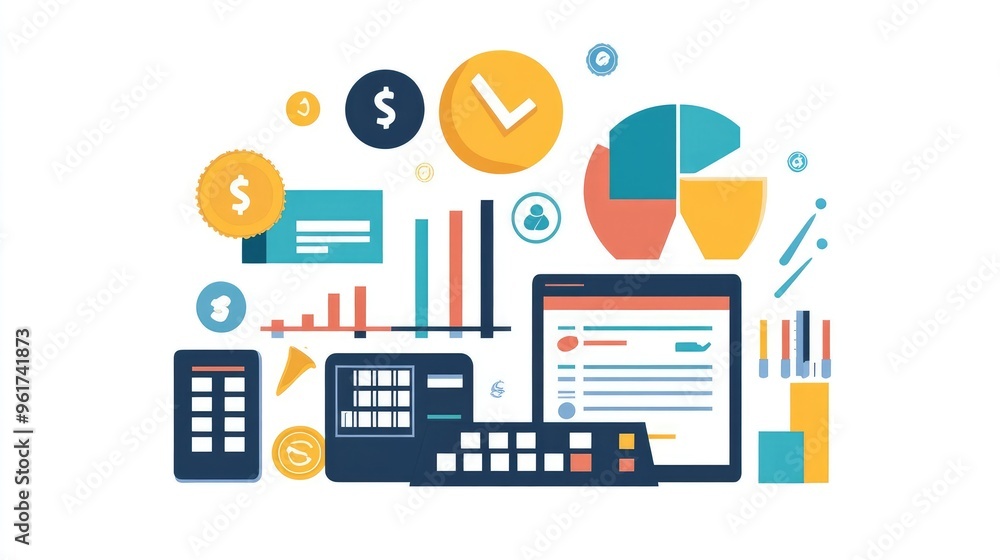 Flat Design Infographic Illustrating Fintech Benefits for Small Business, Featuring Expense Tracking and Invoice Management Flat Design Infographic Illustrating Fintech Benefits for Small Business, Featuring Expense Tracking and Invoice Management