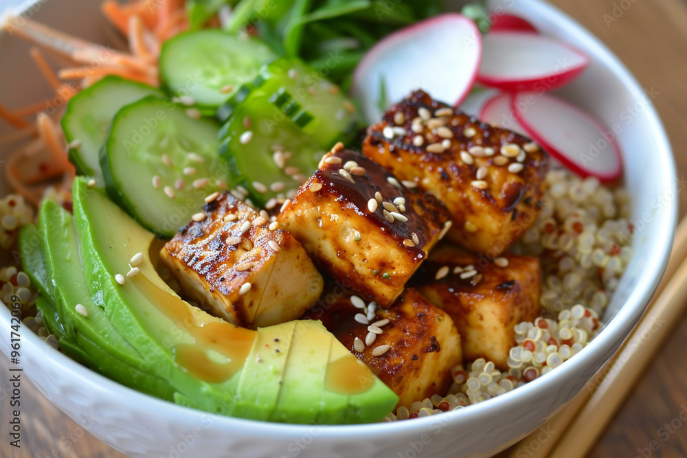 Lunch bowl with quinoa, grilled tofu and vegetables. Lunch bowl with quinoa, grilled tofu and vegetables.