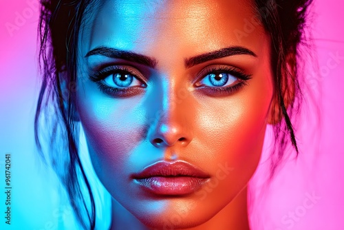 Beautiful Woman Portrait with Blue and Orange Neon Lights