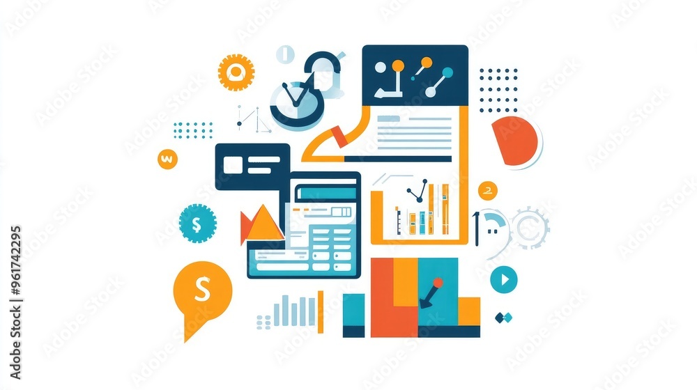 Flat Design Infographic Illustrating Fintech Benefits for Small Business, Featuring Expense Tracking and Invoice Management Flat Design Infographic Illustrating Fintech Benefits for Small Business, Featuring Expense Tracking and Invoice Management