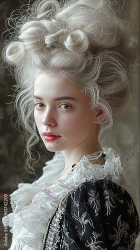 A beautiful young woman dressed in a luxurious 17th-century French gown. She is standing in a grand room, possibly a palace or a stately home.