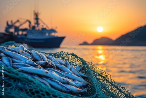 fishing boat in net fish catch photo