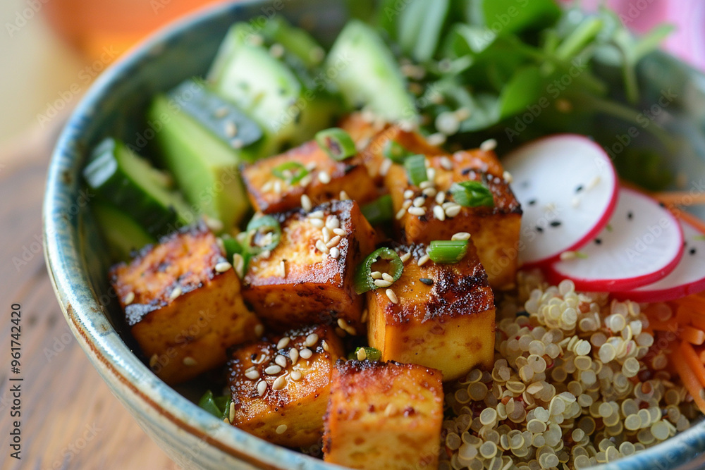 Lunch bowl with quinoa, grilled tofu and vegetables. Lunch bowl with quinoa, grilled tofu and vegetables.