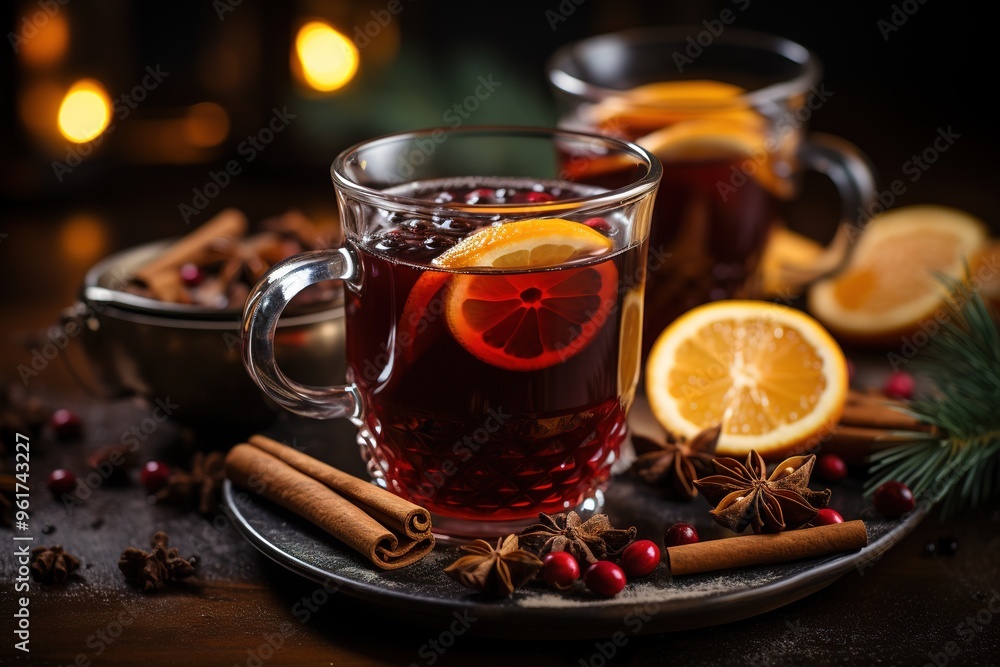 Two glasses of cherry mulled wine, gluhwein or glogg with cherry juice, orange, cinnamon, star anise and cloves. Winter time. Holiday concept, yellow lights of the New Year's eve garland on background Two glasses of cherry mulled wine, gluhwein or glogg with cherry juice, orange, cinnamon, star anise and cloves. Winter time. Holiday concept, yellow lights of the New Year's eve garland on background