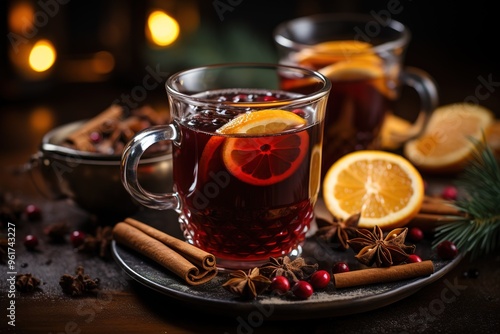 Two glasses of cherry mulled wine, gluhwein or glogg with cherry juice, orange, cinnamon, star anise and cloves. Winter time. Holiday concept, yellow lights of the New Year's eve garland on background