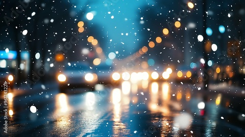 Defocused Urban backdrop winter scenery of street in city at night. Blurred background. City view, lights, falling snow, night, street, bokeh spots of headlights of moving cars. photo