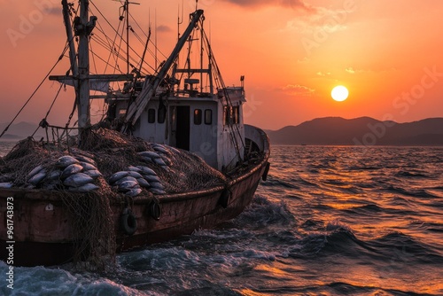 fishing boat in net fish catch photo