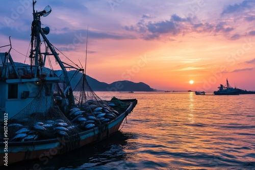 fishing boat in net fish catch photo