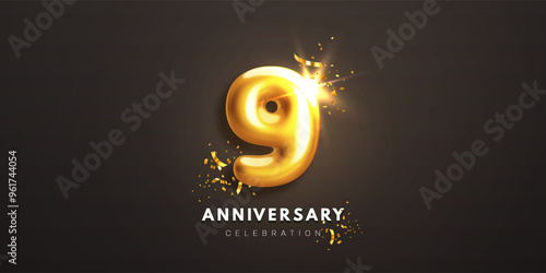 Ninth anniversary celebration banner. Realistic glossy 3d golden number 9 and sparkling confetti on black background. Decorative element for poster, invitation, greeting card. Vector illustration