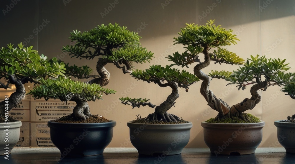 There are a few bonsai in pots on the shelves on a wooden table There are a few bonsai in pots on the shelves on a wooden table