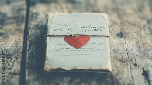 A vintage love letter with a red heart seal on rustic wood.