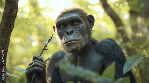 Australopithecus africanus close-up in forest, realistic depiction of early hominid
