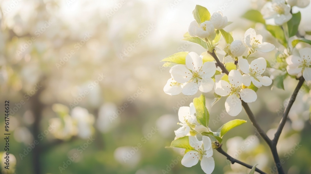 Soft-focus blooming orchard, capturing the peacefulness and beauty of spring. Soft-focus blooming orchard, capturing the peacefulness and beauty of spring.