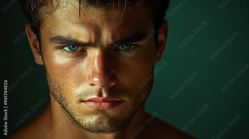Fototapeta premium 18. Handsome young man with an intense gaze, his face partially in shadow, set against a dark green background, conveying a sense of strength and mystery