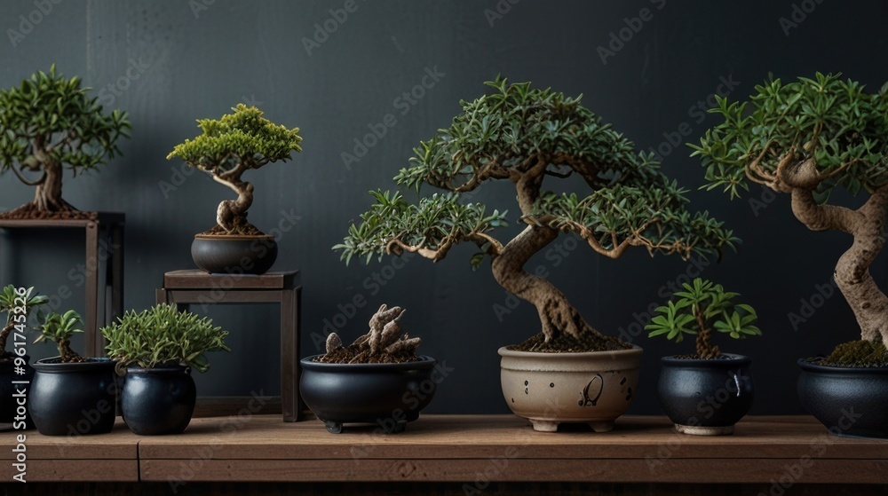 There are a few bonsai in pots on the shelves on a wooden table There are a few bonsai in pots on the shelves on a wooden table