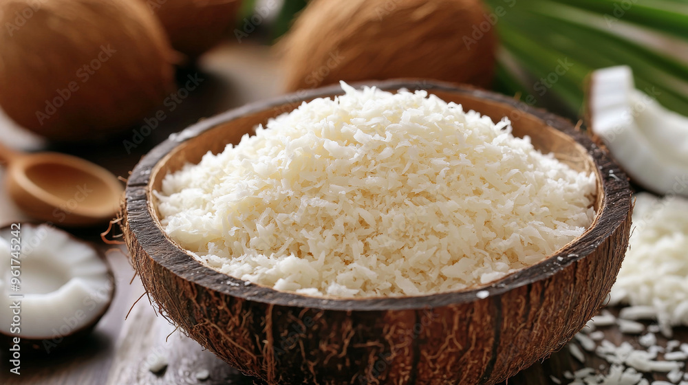Freshly grated coconut flakes, made from half a coconut. Freshly grated coconut flakes, made from half a coconut.