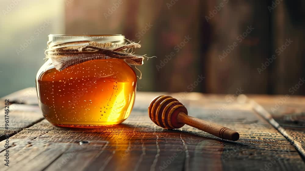 Jar of honey with honey dipper on rustic wooden table Jar of honey with honey dipper on rustic wooden table