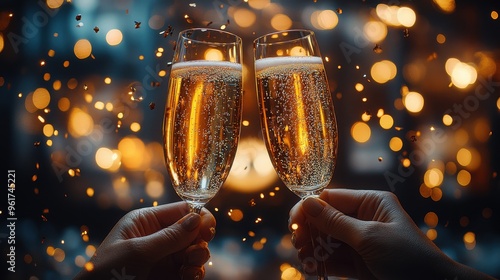 Two champagne glasses clinking together against a festive background of sparkling lights, celebrating a joyful occasion. photo