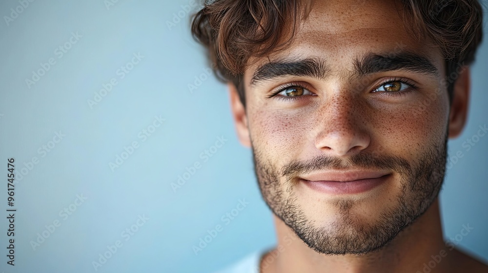 Fototapeta premium 10. Handsome young man with a soft smile, looking directly into the camera, his face illuminated by gentle light, set against a light blue background, creating a feeling of tranquility and trust