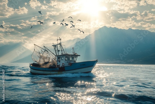 fishing boat in net fish catch photo